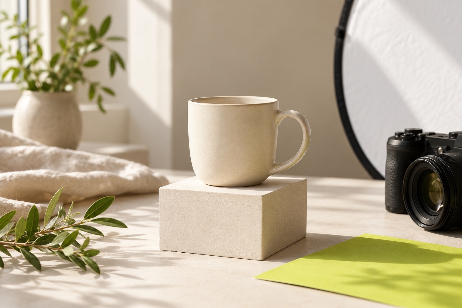 Una taza de cerámica en una escena preparada para fotografía de producto.