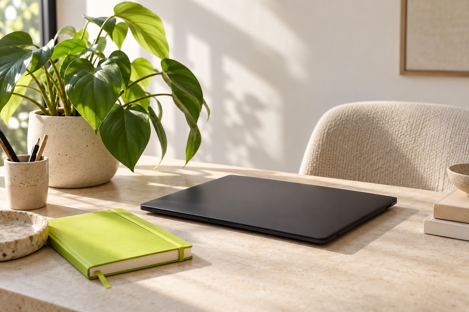 Una planta cuidada, un portátil cerrado y un cuaderno lima sobre una mesa.