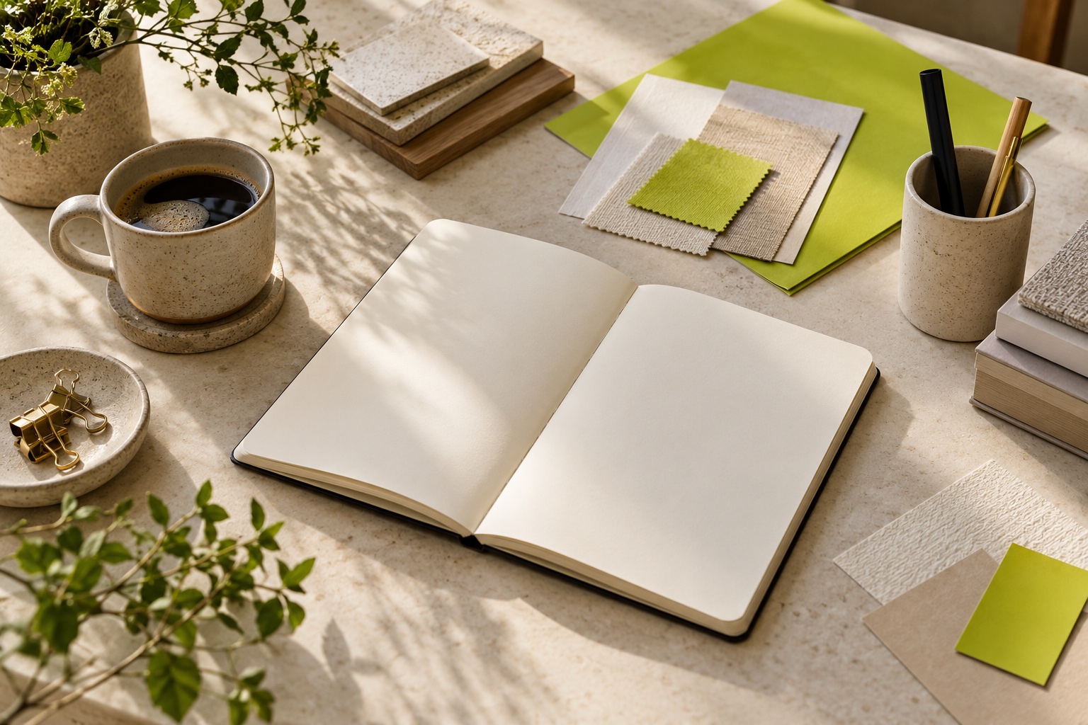 Cuaderno, papeles y carpeta lima sobre una mesa de trabajo iluminada por luz natural.