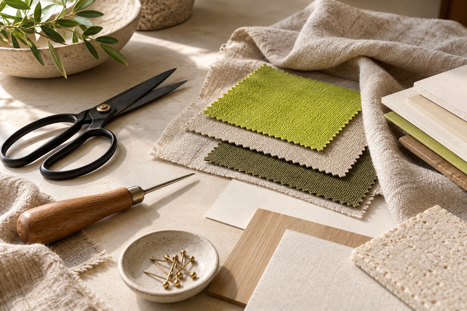 Herramientas y muestras de materiales ordenadas sobre una mesa.
