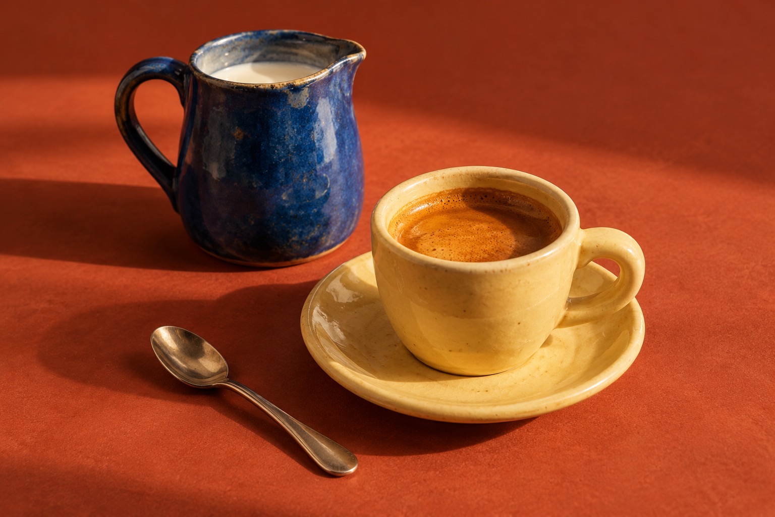 Espresso en taza color manteca junto a una jarra de cerámica azul sobre una superficie terracota
