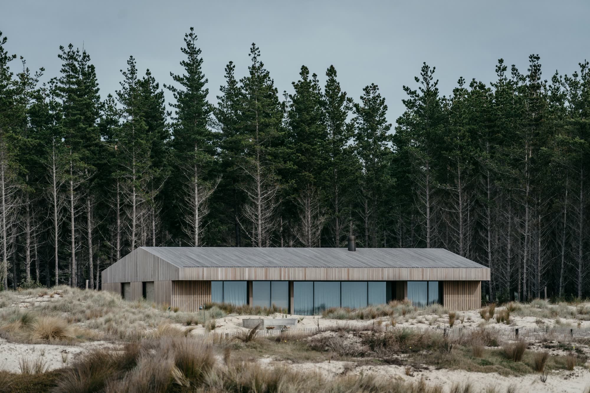 Casa baja y alargada de madera frente a un bosque de pinos
