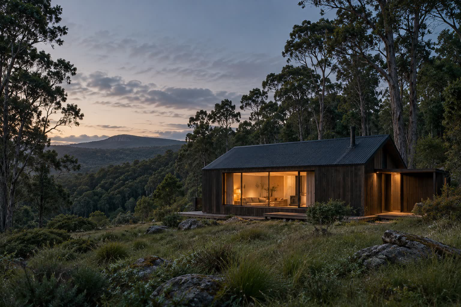 Refugio de madera oscura con ventanales iluminados en una ladera con árboles, al atardecer