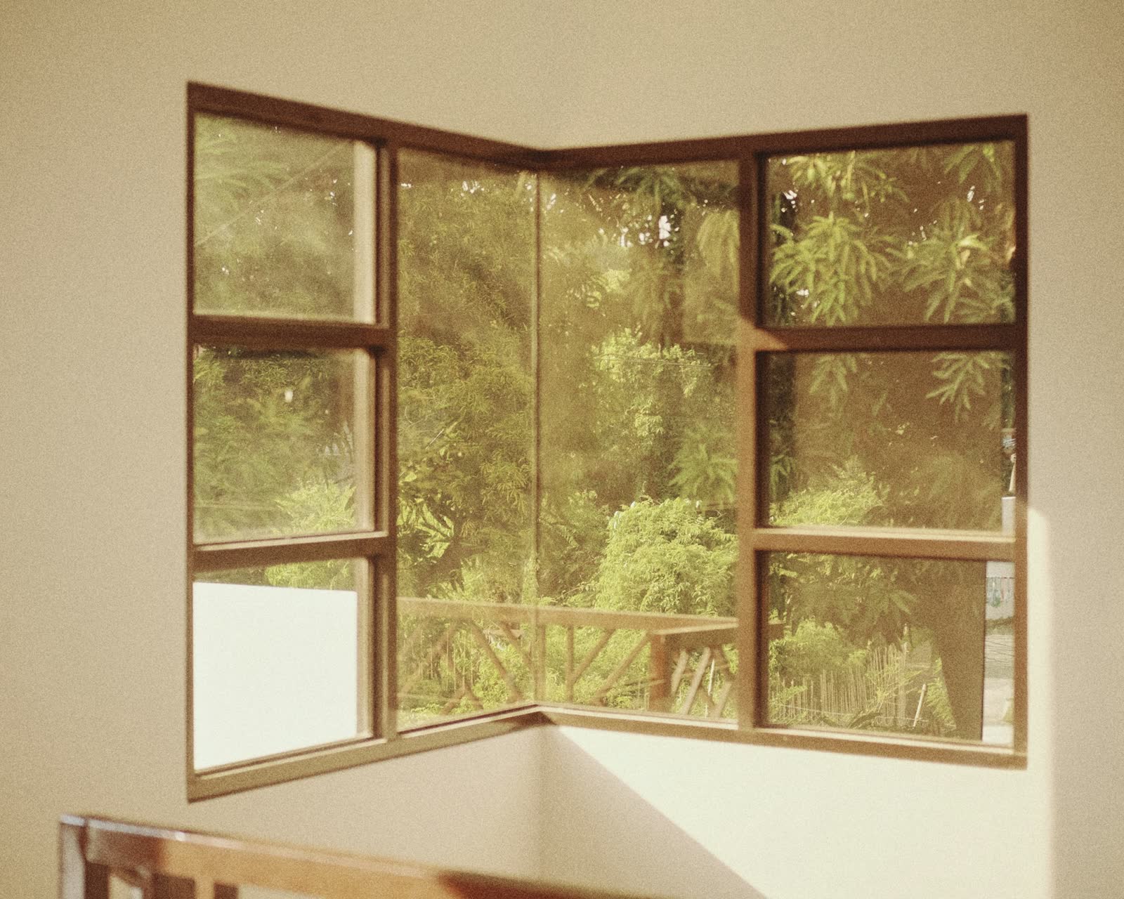 Ventana de esquina con marco de madera que da a un bosque
