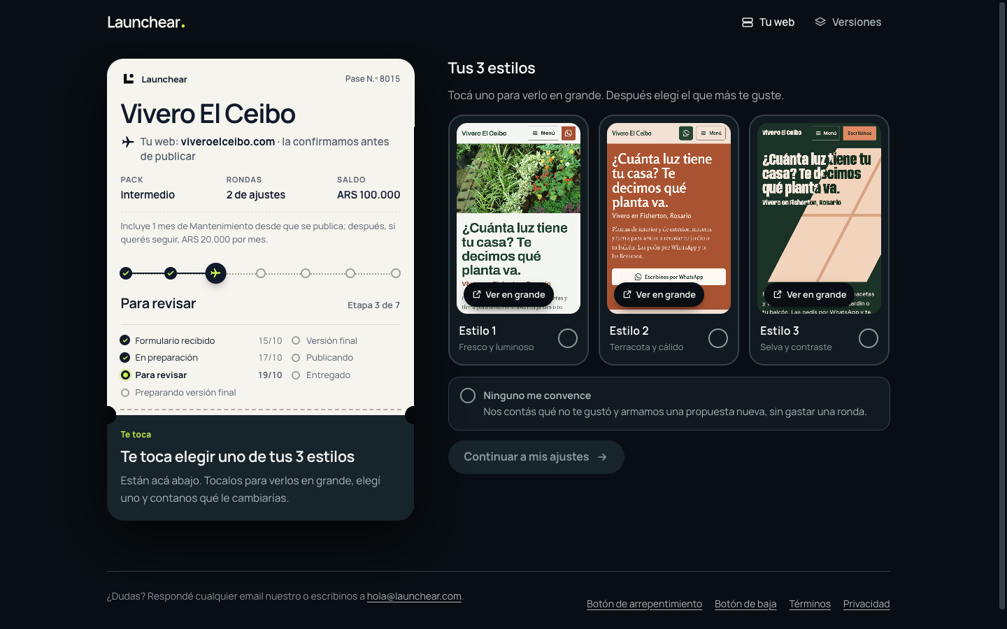 Cuenta de ejemplo de Vivero El Ceibo, con tres estilos de su web para revisar.